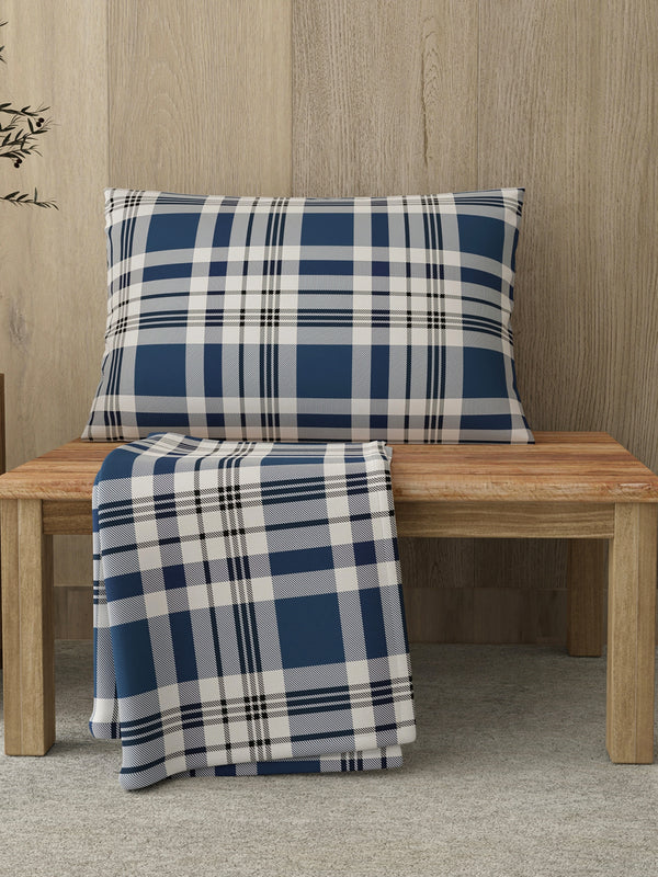Zen 225 CVC Navy Checkered Single Size Bedsheet with 1 Pillow Cover