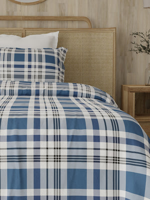 Zen 225 CVC Navy Checkered Single Size Bedsheet with 1 Pillow Cover