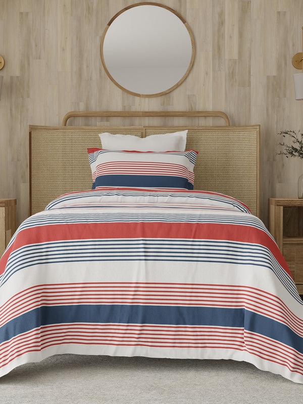 Zen 225 CVC Red & Blue Fun Stripes Single Size Bedsheet with 1 Pillow Cover