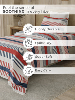 Zen 225 CVC Red & Blue Fun Stripes Single Size Bedsheet with 1 Pillow Cover
