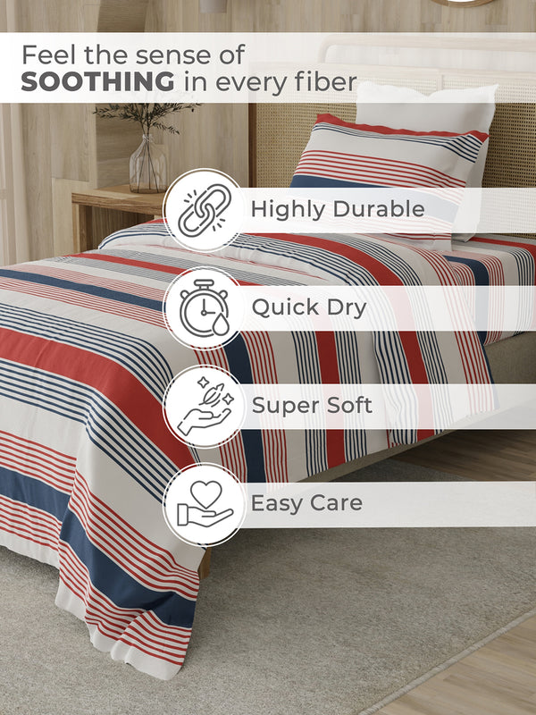 Zen 225 CVC Red & Blue Fun Stripes Single Size Bedsheet with 1 Pillow Cover