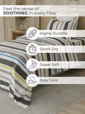 Zen 225 CVC Grey Brush Stripes Single Size Bedsheet with 1 Pillow Cover