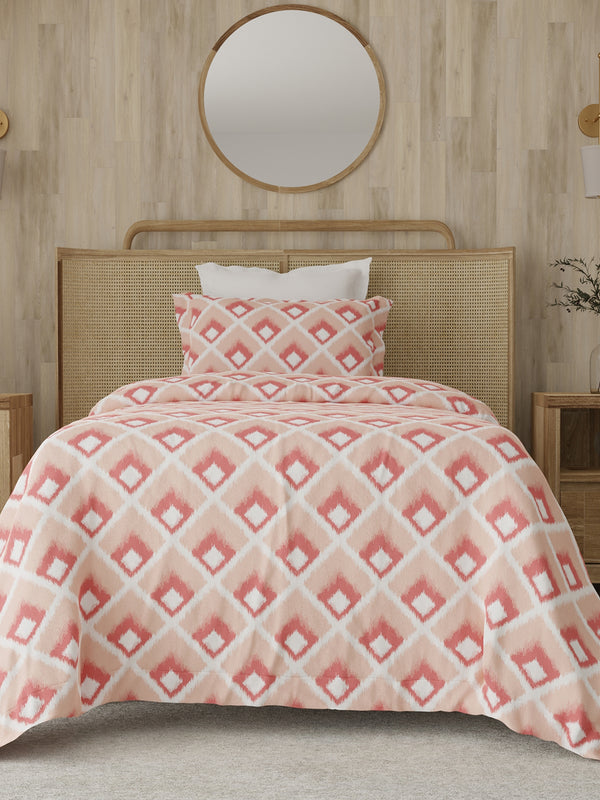 Zen 225 CVC Coral Ikat Single Size Bedsheet with 1 Pillow Cover