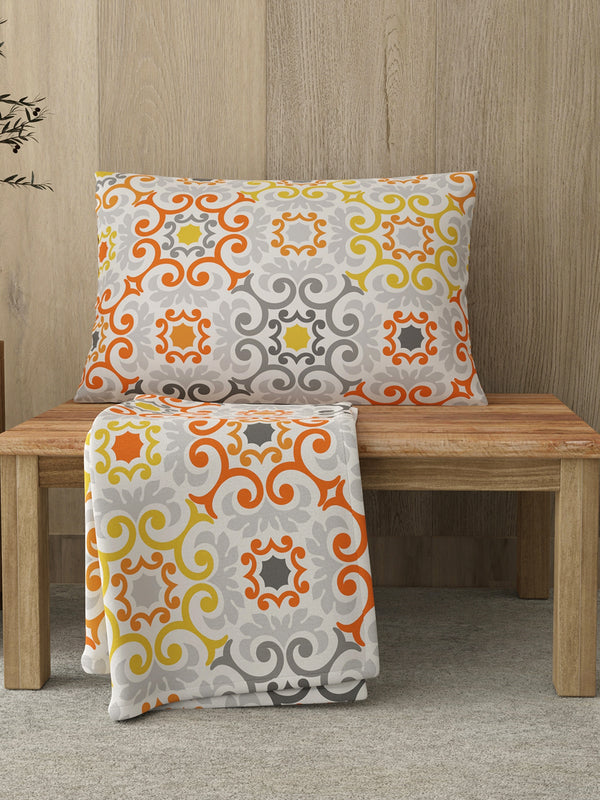 Zen 225 CVC Orange Ornamental Single Size Bedsheet with 1 Pillow Cover