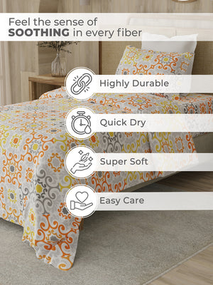 Zen 225 CVC Orange Ornamental Single Size Bedsheet with 1 Pillow Cover
