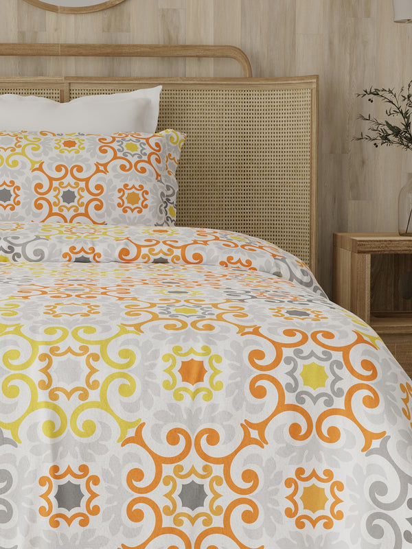 Zen 225 CVC Orange Ornamental Single Size Bedsheet with 1 Pillow Cover
