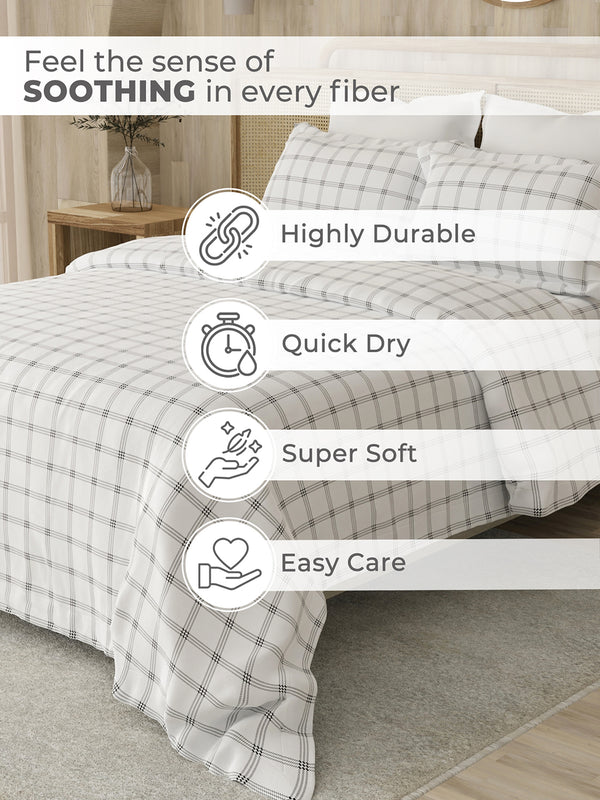 Zen 225 CVC White & Black Plaid Double Size Bedsheet with 2 Pillow Covers
