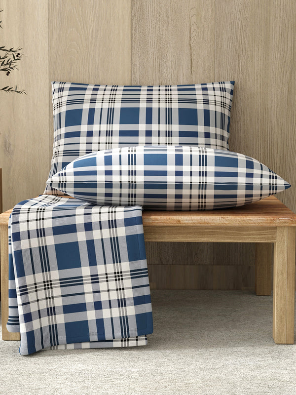 Zen 225 CVC Navy Checkered Double Size Bedsheet with 2 Pillow Covers