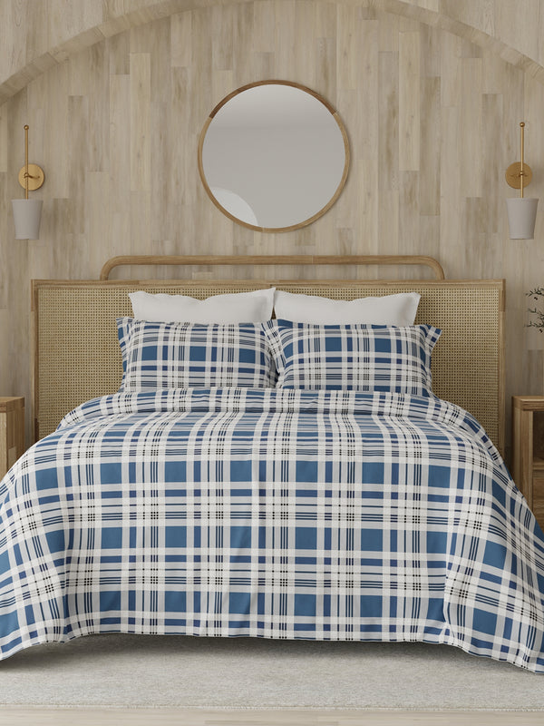 Zen 225 CVC Navy Checkered Double Size Bedsheet with 2 Pillow Covers