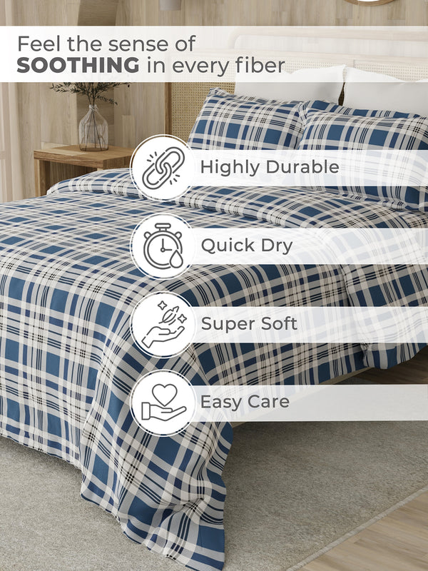 Zen 225 CVC Navy Checkered Double Size Bedsheet with 2 Pillow Covers