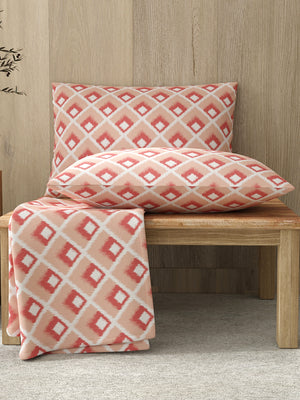 Zen 225 CVC Coral Ikat Double Size Bedsheet with 2 Pillow Covers