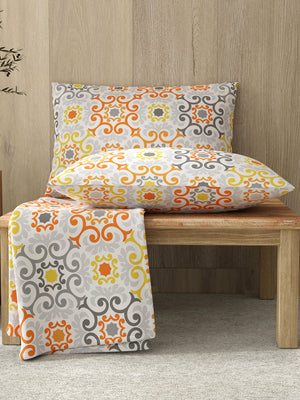 Zen 225 CVC Orange Ornamental Double Size Bedsheet with 2 Pillow Covers