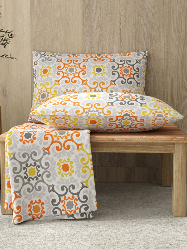 Zen 225 CVC Orange Ornamental Double Size Bedsheet with 2 Pillow Covers