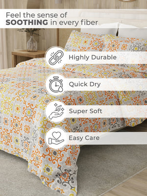 Zen 225 CVC Orange Ornamental Double Size Bedsheet with 2 Pillow Covers