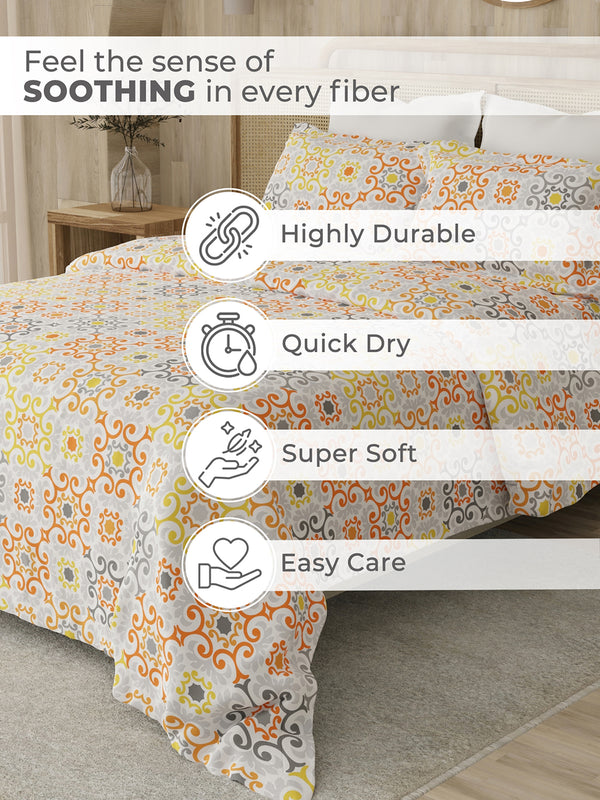 Zen 225 CVC Orange Ornamental Double Size Bedsheet with 2 Pillow Covers