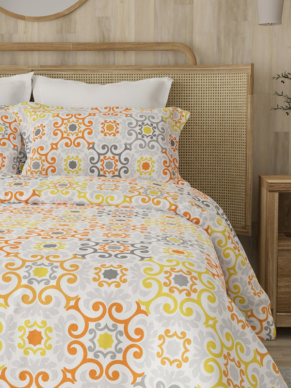 Zen 225 CVC Orange Ornamental Double Size Bedsheet with 2 Pillow Covers