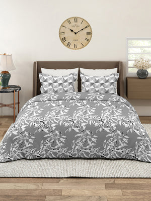 Illuminating Homes 100% Cotton 144 TC Grey Floral King Size Bedsheet with 2 Pillow Covers