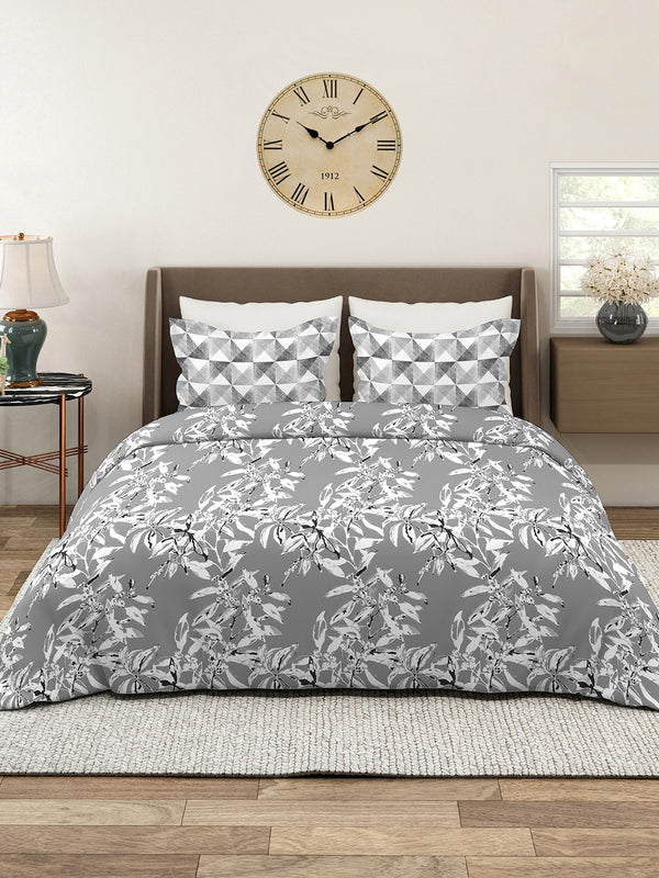Illuminating Homes 100% Cotton 144 TC Grey Floral King Size Bedsheet with 2 Pillow Covers