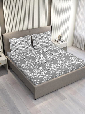 Illuminating Homes 100% Cotton 144 TC Grey Floral King Size Bedsheet with 2 Pillow Covers
