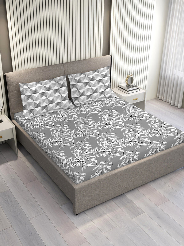 Illuminating Homes 100% Cotton 144 TC Grey Floral King Size Bedsheet with 2 Pillow Covers