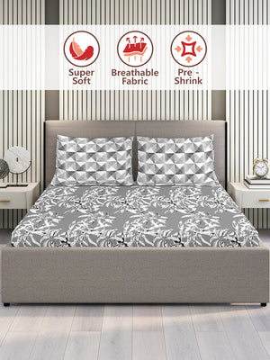 Illuminating Homes 100% Cotton 144 TC Grey Floral King Size Bedsheet with 2 Pillow Covers