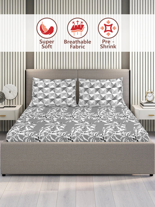Illuminating Homes 100% Cotton 144 TC Grey Floral King Size Bedsheet with 2 Pillow Covers