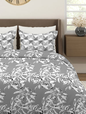 Illuminating Homes 100% Cotton 144 TC Grey Floral King Size Bedsheet with 2 Pillow Covers
