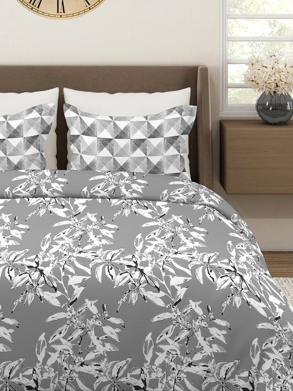 Illuminating Homes 100% Cotton 144 TC Grey Floral King Size Bedsheet with 2 Pillow Covers