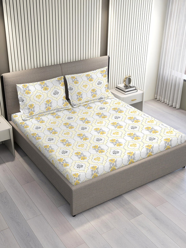 Aura Microfibre 110 GSM White Ethnic Double Size Bedsheet with 2 Pillow Covers