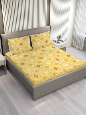 Aura Microfibre 110 GSM Yellow Geometrical Double Size Bedsheet with 2 Pillow Covers