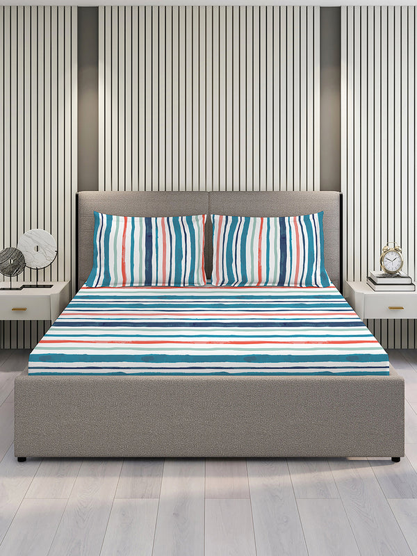 Argos 225 CVC Blue Stripes King Size Bedsheet with 2 Pillow Covers