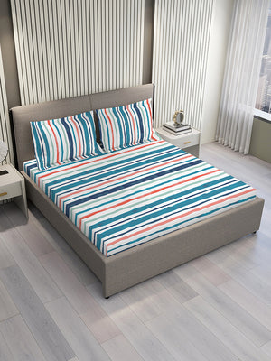 Argos 225 CVC Blue Stripes King Size Bedsheet with 2 Pillow Covers