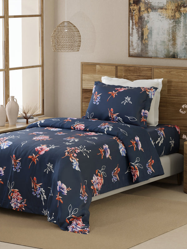 Emaline 100% Cotton 144 TC Blue Spring Single Size Bedsheet with 1 Pillow Cover