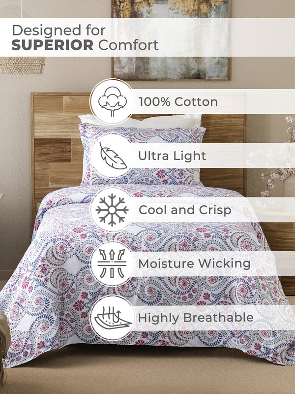 Emaline 100% Cotton 144 TC Purple Ornate Single Size Bedsheet with 1 Pillow Cover