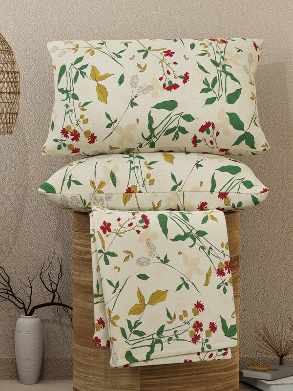 Emaline 100% Cotton 144 TC Cream Floret Meadow Double Size Bedsheet with 2 Pillow Covers