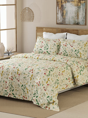 Emaline 100% Cotton 144 TC Cream Floret Meadow Double Size Bedsheet with 2 Pillow Covers