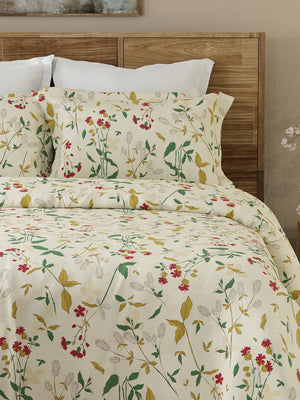 Emaline 100% Cotton 144 TC Cream Floret Meadow Double Size Bedsheet with 2 Pillow Covers