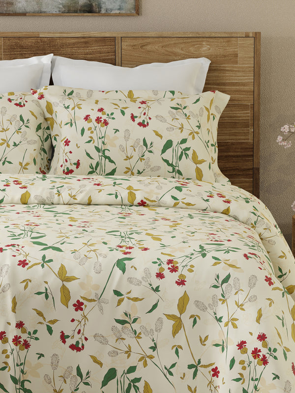 Emaline 100% Cotton 144 TC Cream Floret Meadow Double Size Bedsheet with 2 Pillow Covers