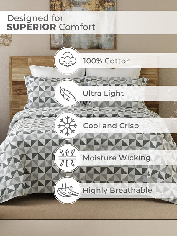 Emaline 100% Cotton 144 TC Grey Play Geometrical King Size Bedsheet with 2 Pillow Covers