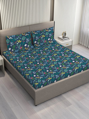 Blossom Microfibre 125 GSM Navy Floral Double Size Bedsheet with 2 Pillow Covers