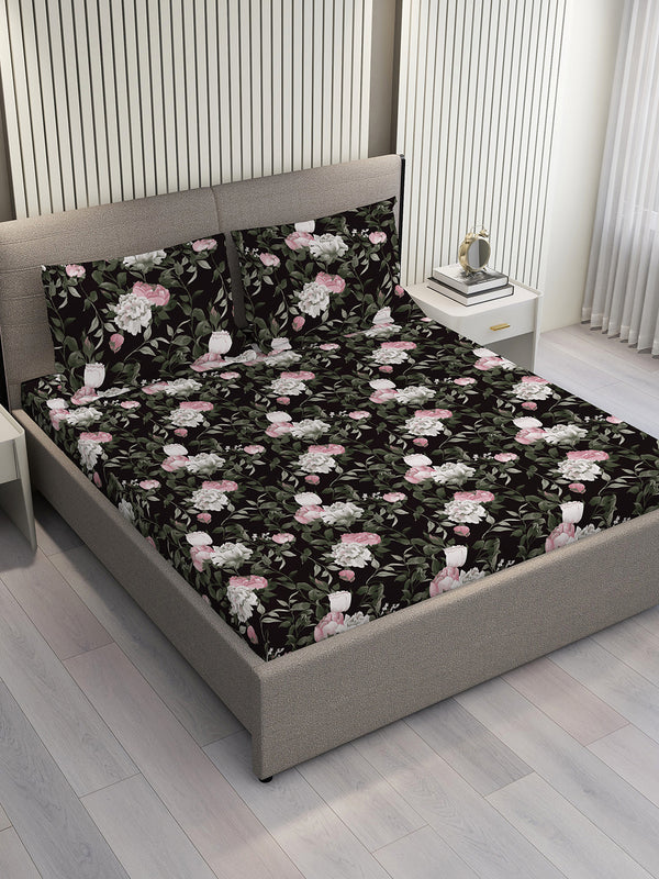 Blossom Microfibre 125 GSM Black Floral Double Size Bedsheet with 2 Pillow Covers