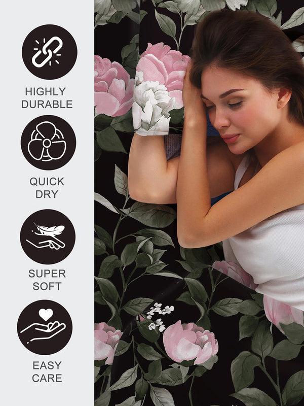 Blossom Microfibre 125 GSM Black Floral Double Size Bedsheet with 2 Pillow Covers
