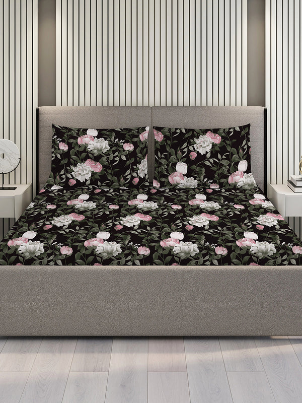 Blossom Microfibre 125 GSM Black Floral Double Size Bedsheet with 2 Pillow Covers