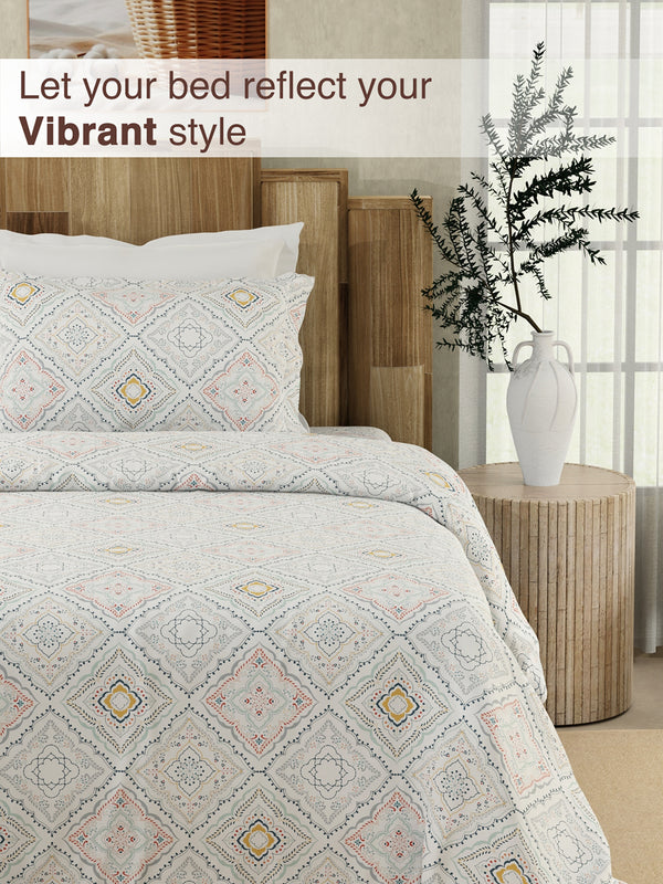 Serenity 100% Cotton 200 TC Blue Ethnic Single Size Bedsheet with 1 Pillow Cover (Landour Tile)