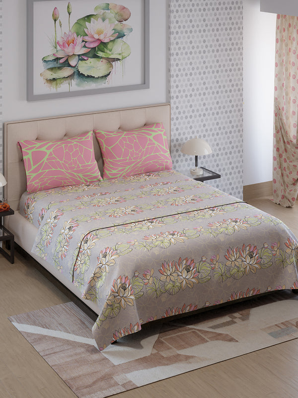 Ivy Microfibre 125 GSM Grey & Pink Floral Double Size Bedsheet with 2 Pillow Covers