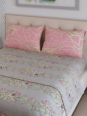 Ivy Microfibre 125 GSM Grey & Pink Floral Double Size Bedsheet with 2 Pillow Covers