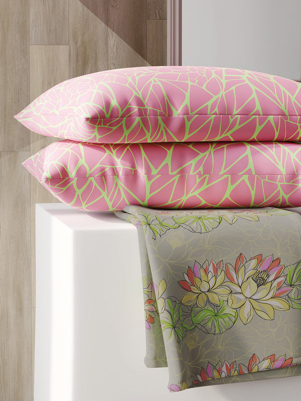 Ivy Microfibre 125 GSM Grey & Pink Floral Double Size Bedsheet with 2 Pillow Covers