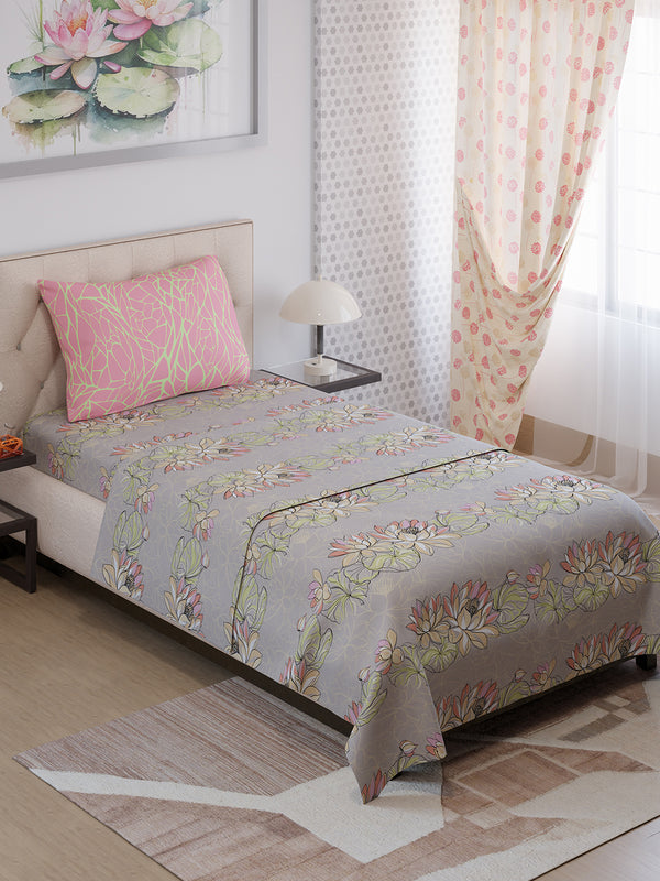 Ivy Microfibre 125 GSM Grey & Pink Floral Single Size Bedsheet with 1 Pillow Cover