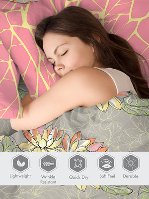 Ivy Microfibre 125 GSM Grey & Pink Floral Single Size Bedsheet with 1 Pillow Cover