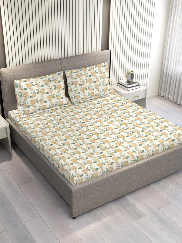 Marigold 100% Cotton 144 TC Cream Floral King Size Bedsheet with 2 Pillow Covers